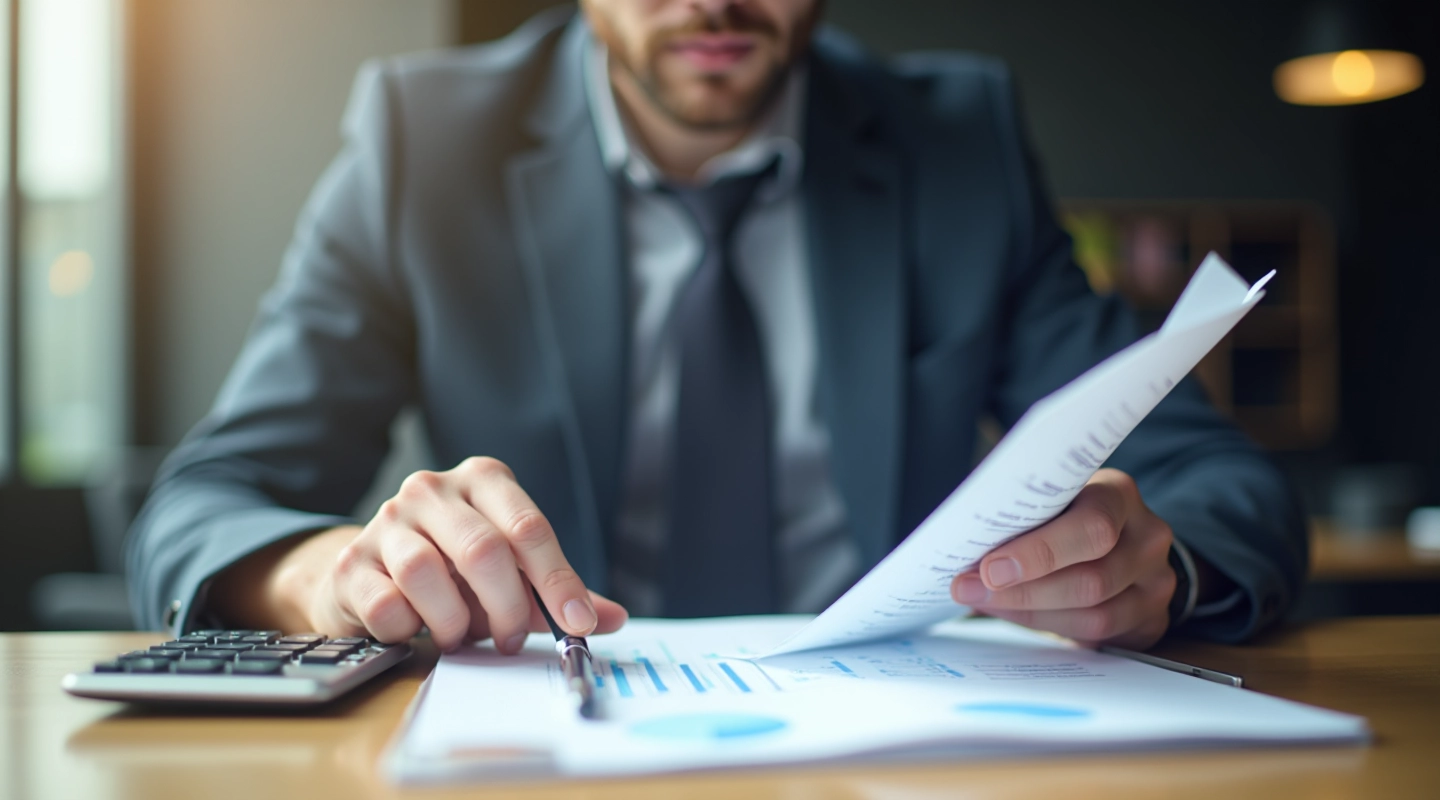 Business professional reviewing categorized expense data on computer screen in office setting